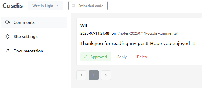 Screenshot of the Cusdis comment interface showing the comment form and existing comments